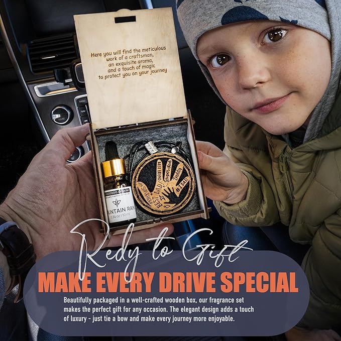 Handmade Wood Car Air Freshener — Father’s Hands Designed Refillable Essential Oil Diffuser — Long Lasting Mountain Rain Fragrance Oil 10 ml — Car Accessories Gift Box
