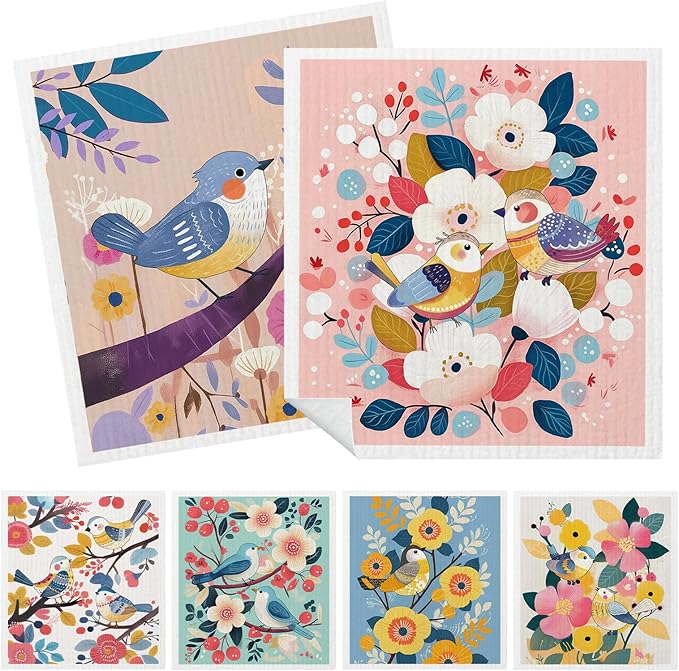 Mixed Retro Bird Swedish Kitchen Dishcloths Dish Towels 6 Pack, Bird Dish Towels for Kitchen, Swedish Dishcloth with Flower, Paper Towels Reusable, Dish Cloth Towel Cleaning Wipe for Home Party