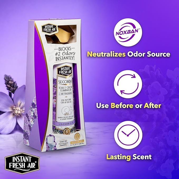 Seconda Premium Toilet Spray - Bathroom Air Freshener & Toilet Bowl Odor Eliminator - For Home, Business, School - Bathroom Deodorizer - Long Lasting Lavender Fragrance 10.1 fl oz.