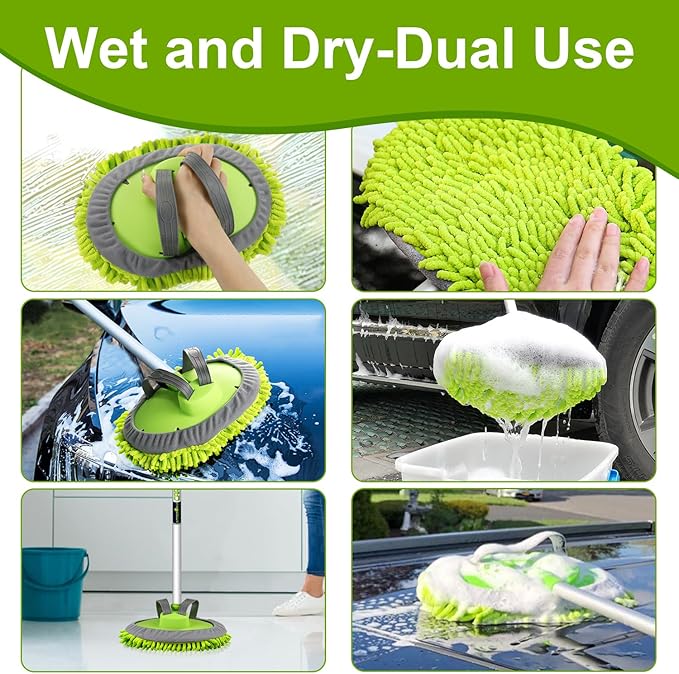 anngrowy 62" Microfiber Car Wash Brush Mop Kit Mitt Sponge with Long Handle Car Cleaning Supplies Kit Duster Washing Car Tools Accessories, 1 Chenille Scratch-Free Replacement Head Aluminum Alloy Pole