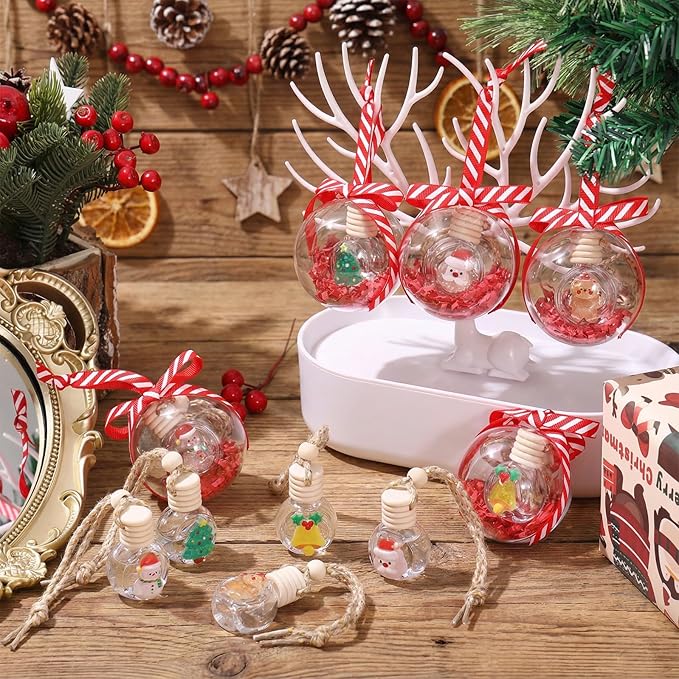 Remerry 40 Pcs Christmas Employee Appreciation Gifts Xmas Hanging Car Air Freshener Diffuser Empty Glass Perfume Bottle with Clear Plastic Ornament Ball Ribbon for Essential Oil Fragrance