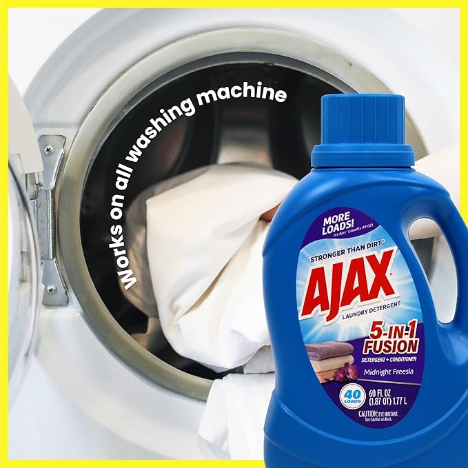 Ajax 5-in-1 Fusion Liquid Laundry Detergent – Totally Awesome Cleaner with Deep Clean Power, Odor & Stain Remover, Fabric Conditioner, HE Compatible, Midnight Freesia Scent, 60oz (Pack of 2), 80 Loads