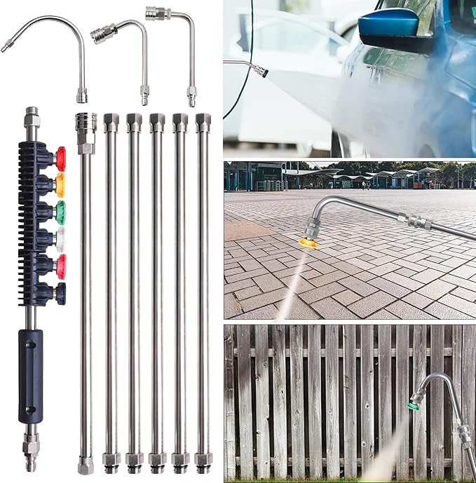 Xiny Tool Pressure Washer Extension Wand, 10 Pack Power Washer Lance with 6 Atomization Nozzle Tips,1 Gutter Cleaner Attachment Curved Rod, 1/4" Quick Connect, 4000 PSI