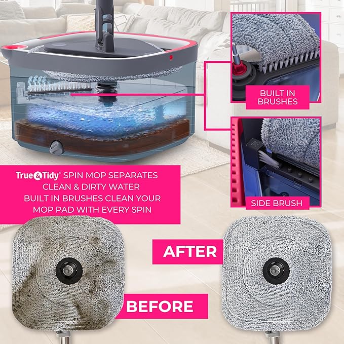 True & Tidy Spin Mop and Bucket System Deluxe with Silicone Sweeper Mop Head and 4 Machine Washable Microfiber Mop Pads
