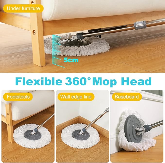 JOYMOOP Spin Mop and Bucket, 360° Mop Head & Telescopic Handle, Wet and Dry Use, 4 Reusable Microfiber Refills, Hands-Free Cleaning for Hardwood, Tile, Laminate Floors & Walls
