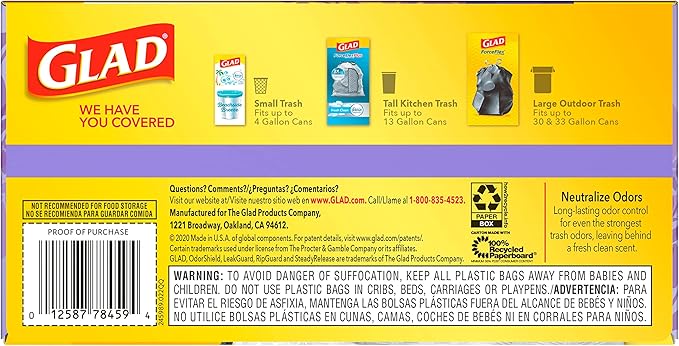Glad Trash Bags, ForceFlex Tall Drawstring Garbage Bags, 13 Gallon White Trash Bags for Tall Kitchen Trash Can, Mediterranean Lavender with Febreze Freshness to Eliminate Odors, 40 Count (Pack of 2)