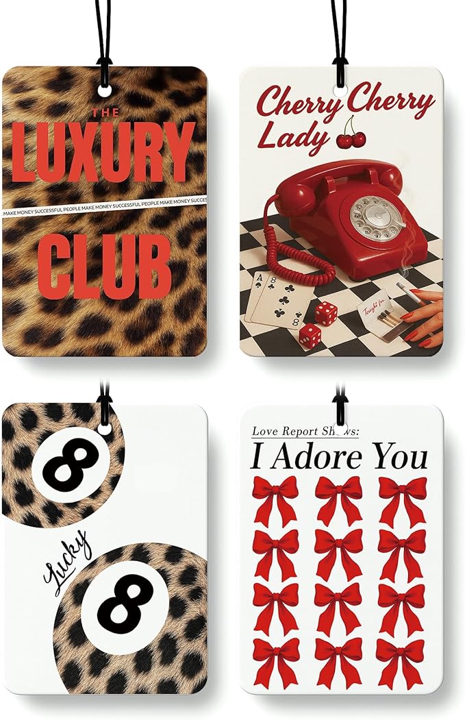 Preppy Coquette Red Bow Leopard Print Car Air Freshener 4 Pcs, Fashion Cheetah Lucky 8 Ball Hanging Air Freshener for Cars Closet Drawer Books, Girly Car Accessories Mirror Decor for Women