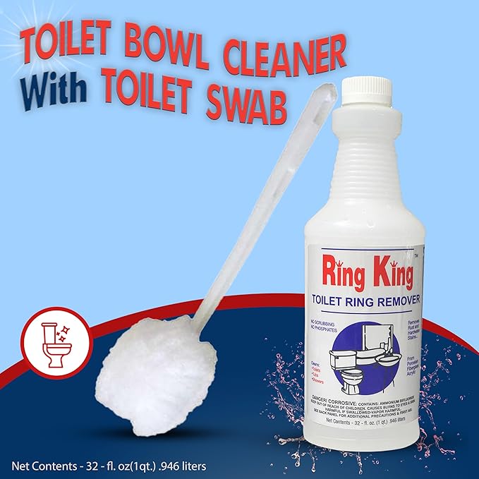 Amazon Brand – 32oz Ring King Toilet Bowl Cleaner With 13” Long Toilet Bowl Mop Applicator | Heavy Duty Toilet Bowl Cleaner For Hard Water Stain On Toilet Tubs and Showers.