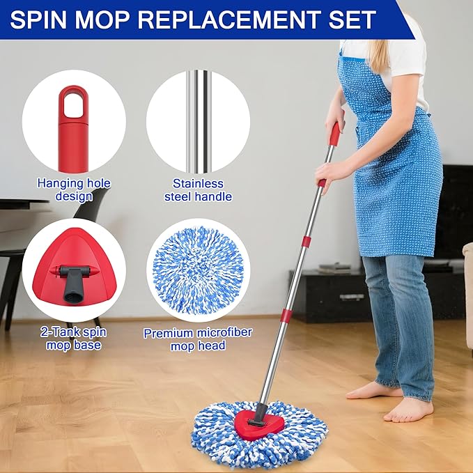 JEHONN Spin Mop Replacement Heads, Base, Handle for O-Cedar EasyWring 1 Tank System, Includes 2 Microfiber Refills, 1 Triangle Cover and 58 inches Long Pole for Cleaning Bathroom Kitchen Tile Floor