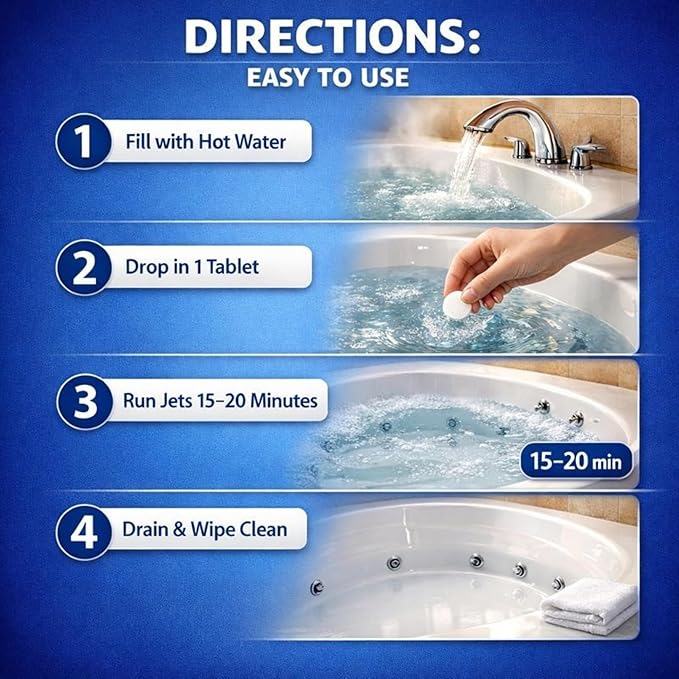 Jetted Tub Cleaner Tablets – Bathtub Jet & Pipe Cleaner for Whirlpool Baths, Spas & Hot Tubs, Deep Cleans Tub Jets, Septic Safe, 12 Tablets