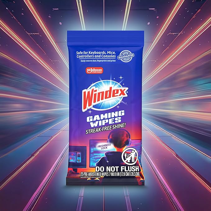 Windex Gaming Cleaning Wipes, Ammonia-Free Anti-Static Electronics Cleaner for Consoles, Controllers, Screen, TV, Computer Monitor & Keyboard, Streak-Free Pre-Moistened, 25 Count (Pack of 12)