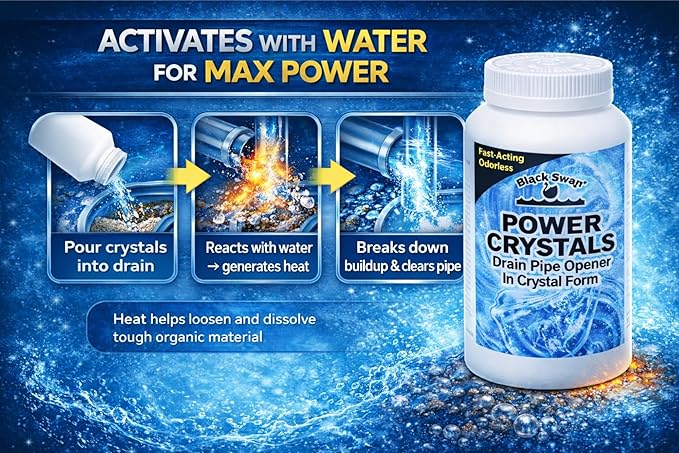 Black Swan 09177 Power Crystals Drain Opener, 32 oz - Heavy Duty Crystal Formula for Cleaning Clogged Drain Pipes Due to Grease, Food Scraps - Safe for Plumbing & Septic Systems