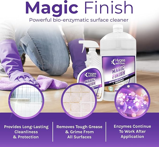 Hygea Natural Magic Finish Enzyme-Based Floor Cleaner - Clean Formula - Removes Grease Buildup in Tile & Grout - for All Hard Floors (Ready to Use 24oz + Concentrated Gallon)