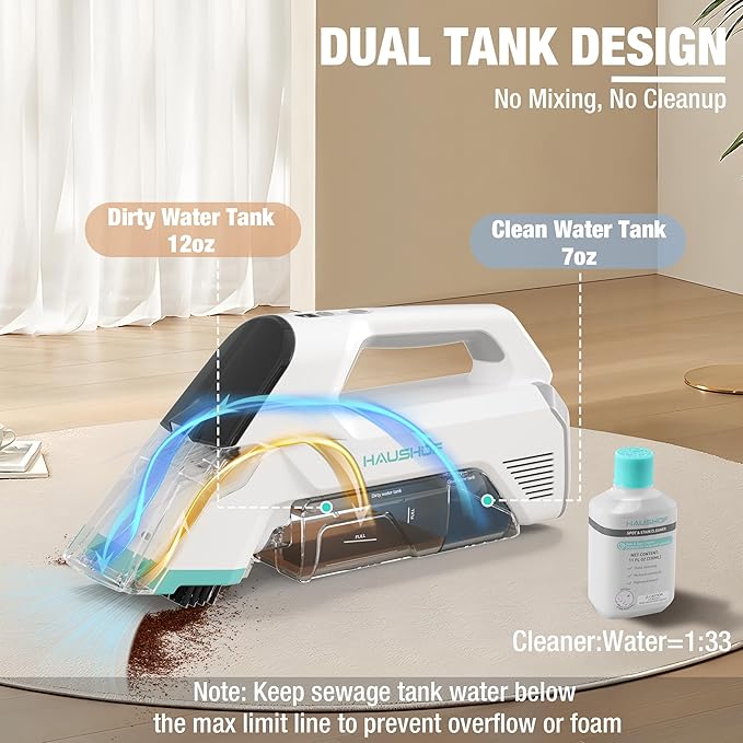 HAUSHOF Handheld Carpet Cleaner, 12V Cordless Portable Carpet Cleaner, 6.5KPa Spot Cleaner with 2 Water Tanks, Type-C Charge, Spot & Stain Cleaner, Handheld Upholstery Cleaner for Stairs, Car