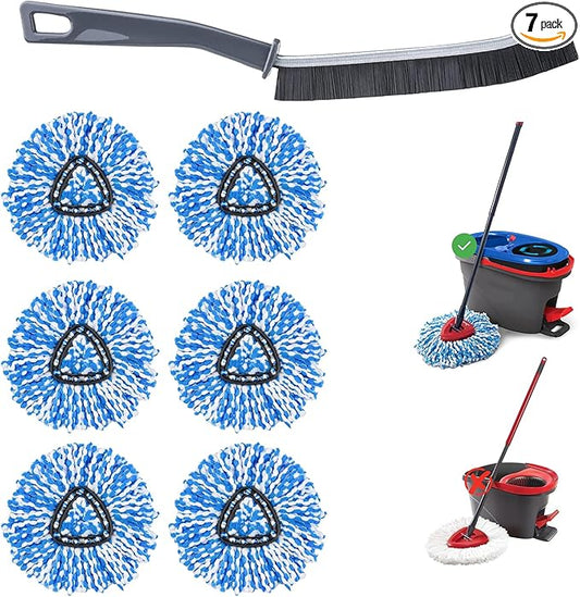 6 Pack Mop Replacement Heads with 1 Base - Deep Cleaning, Microfiber Mop Head Replacement for EasyWring RinseClean 2 Tank System - Durable, Machine Washable and Easy to Replace Spinning Mop Heads