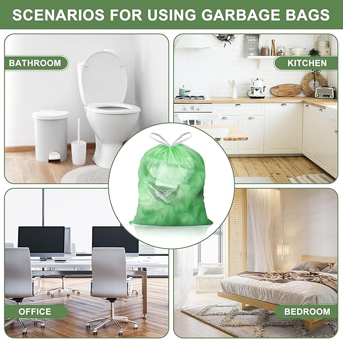 4 Gallon Trash Bags Drawstring 100 Count, JUKFITA Strong Small Garbage Bag, Unscented Trash Can Liners for Bathroom Restroom Office Kitchen, Green