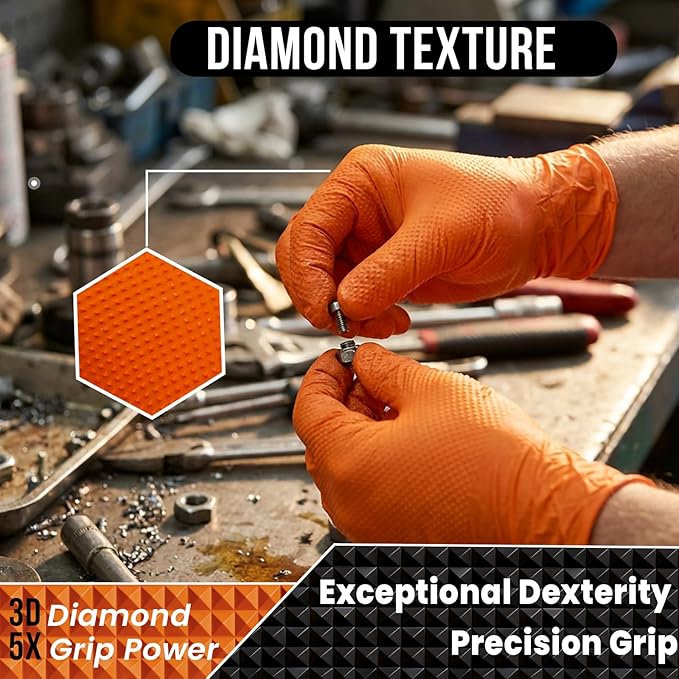 Heavy Duty 10 Mil Nitrile Disposable Gloves with Raised Diamond Texture, Latex-Free, Powder-Free, Extra Strong, Chemical Resistant, Durable for Mechanics, Industrial Work, Auto Repair, Large