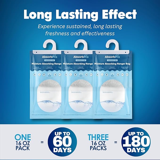 Moisture Absorbing Hanger Bag Fragrance Free - 3-Pack - 16 oz Hanging Dehumidifying Packs for Home, Kitchen, Bedroom, Bathroom, Closet, Small Rooms, Cars