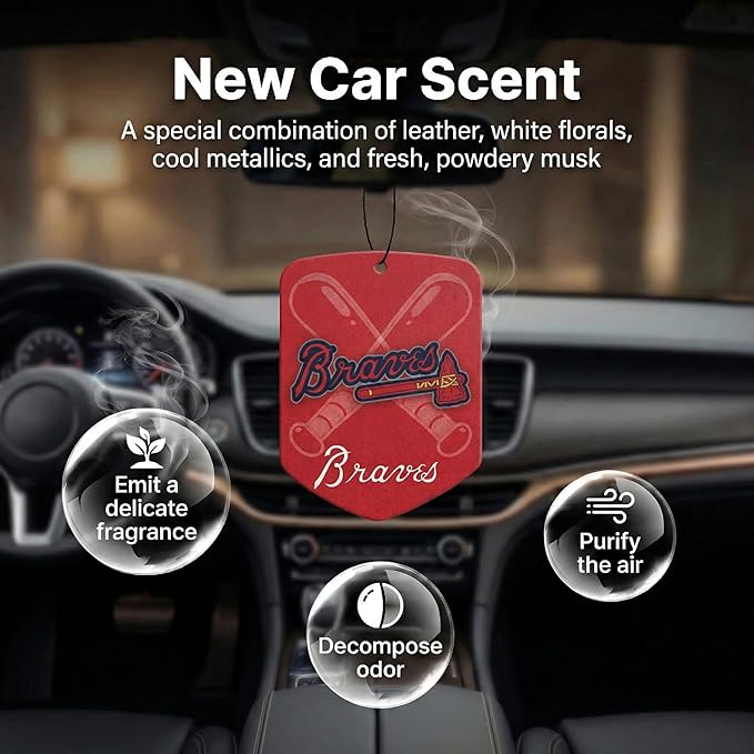 2 Pack MLB Braves Car Air Freshener - Licensed Hanging Scented Air Freshener, Red Shield with Atlanta Braves, Sports Fan Auto Fragrance for Car, Truck & Home
