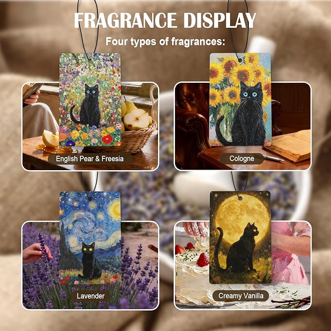 Floral Black Cat Car Air Freshener 4 Pcs, Moody Black Kitten Flower Full Moon Abstract Hanging Air Freshener for Cars Closet Drawer Books, Cat Lover Gifts Car Accessories for Women Girls