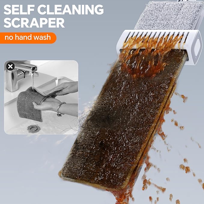 Self Wringing Microfiber Mop - Hands-Free Flat Mop with Wringing Blade | Aluminum Panel, Wet Dry for Apartment, Tiny Home, Windows, Wall, Hardwood, Laminate, Tile, Vinyl, 4 Reusable Pads