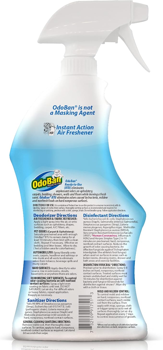 OdoBan Ready-to-Use Disinfectant and Odor Eliminator, Set of 4 Spray Bottles, 32 Ounces Each, Fresh Linen Scent