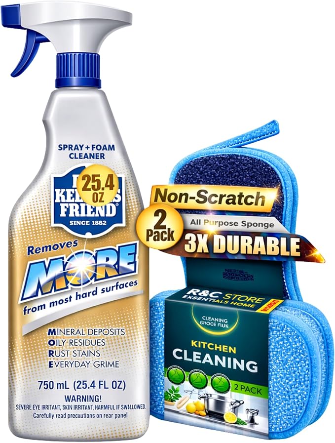 Bar-Keepers-Friend Spray and Foam Multipurpose Cleaner 25.4 oz + 2 Non-Scratch Scrub Sponges | Hard Water Stain Remover | Kitchen & Bathroom Cleaning Kit