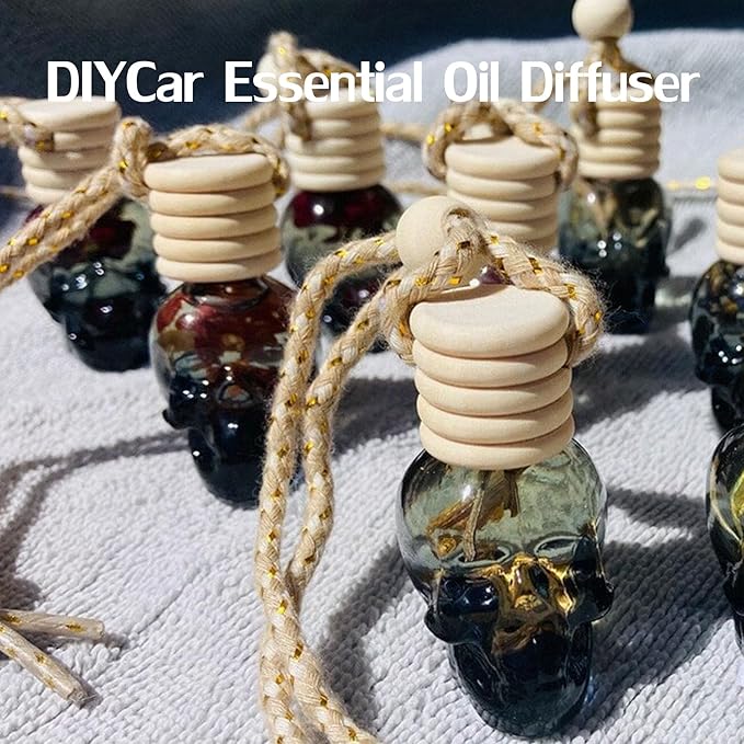 7 Pcs 8ml Hanging Car Air Freshener Diffuser,Empty Black Gradient Glass Essential Diffuser Oil Aromatherapy Fragrance Perfume Pendant Glass Vials with Wooden Caps (Skull, 8ml)