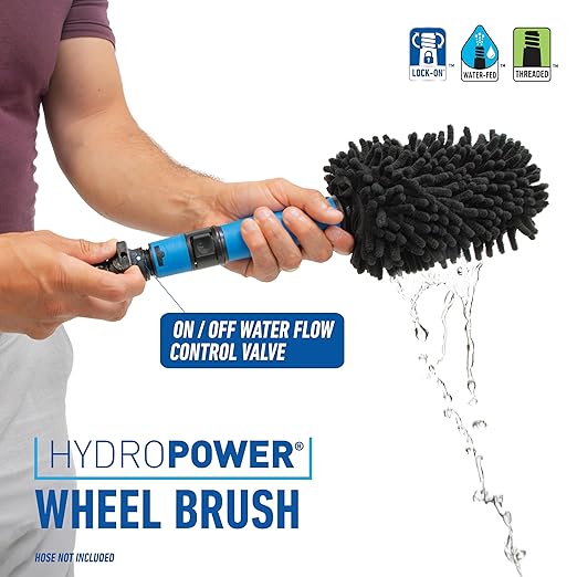 Unger 7” Hydropower Wheel & Detail Brush with Adjustable On/Off Water Control Valve for Car and Auto Cleaning, Non-Scratch Microfiber Sleeve, Machine Washable, Flexible for Rims, Tires, and Wheels