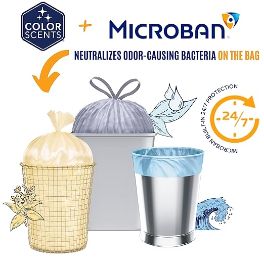 Color Scents Tall Kitchen Trash Bags - 13 Gallon, 100 Bags (1 Pack of 100 Count), Drawstring - White bag in Lavender + Sage Scent with Microban