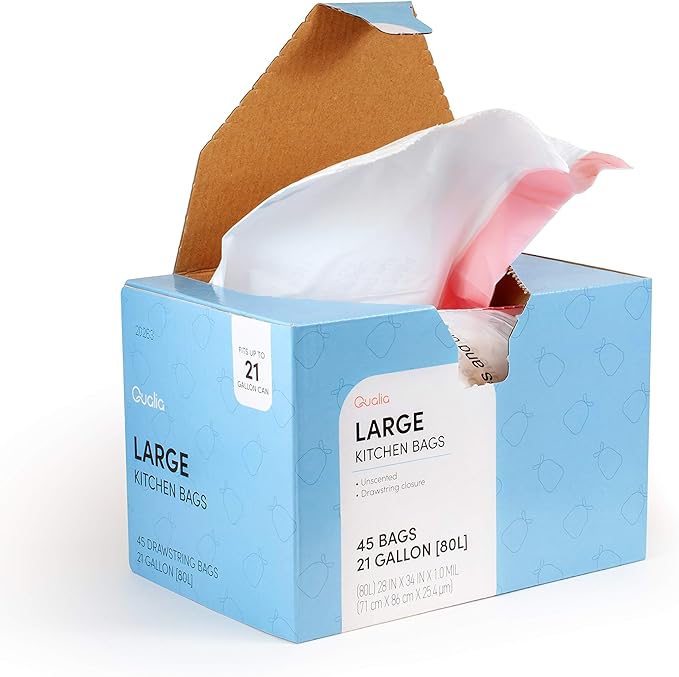 UNSCENTED 21 Gal / 80 Liter | Drawstring Closure Trash Bag | Heavy Duty By Qualia (UNSCENTED, 90 BAGS)