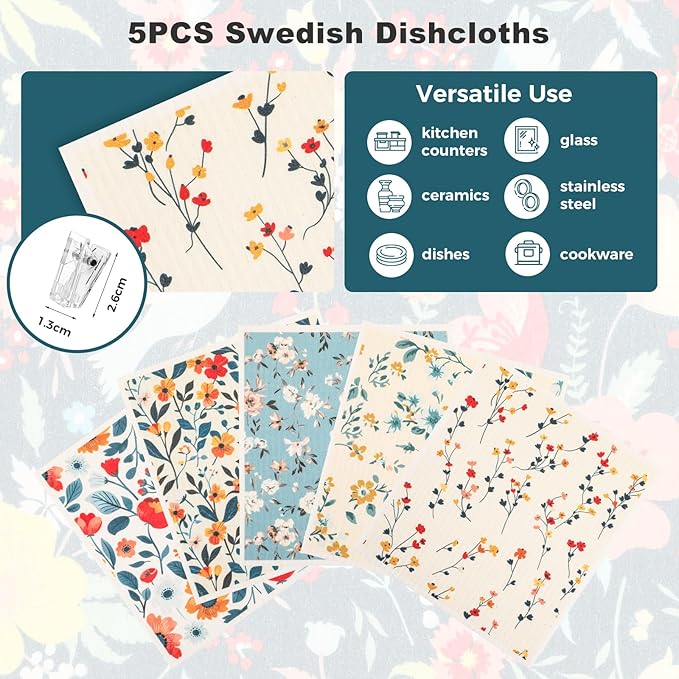 5PCS Swedish Dishcloths for Kitchen, Reusable Dish Rags for Washing Dishes with Clips, Non-Scratch Kitchen Towels and Dishcloths Sets, Washable Swedish Dish Cloths, No Odor(Plant)
