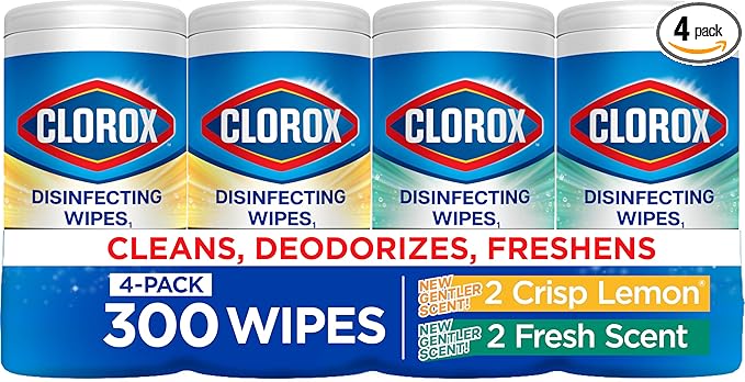 Clorox Disinfecting Cleaning Wipes for Spring Cleaning & Allergy Season, Bleach Free, Fresh Scent and Crisp Lemon, 75 Count Each, Pack of 4