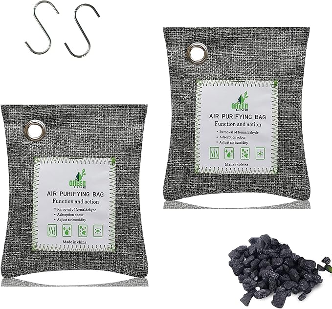 Bamboo Charcoal Bags Odor Absorber, 2 Packs 100g Charcoal Deodorizer Bags with Hooks, Nature Bamboo Charcoals Air Purifying Bags Activated Charcoals Odor Absorbers for Home Cars Pet Closet Bathroom