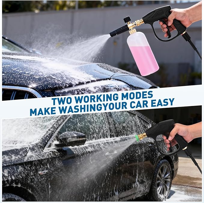 Pressure Washer Short Gun with Foam Cannon, 3/8" Thread x Quick Socket, M22-15mm to M22-14mm Adapter, Power Washer Gun with 7 Nozzles, Wash Kit Accessories for Cars, Driveway, Yard