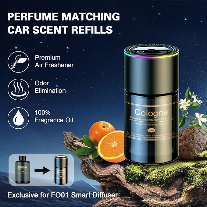 Smart Car Air Freshener, CarDiffuser with 6.09 Fl Oz /180ml Capacity Essential Oil Last 9 Months Fragrance, 5s Full-Car Fragrance, Adjustable Intensity, Auto On/Off, Women & Men for Cologne Scent