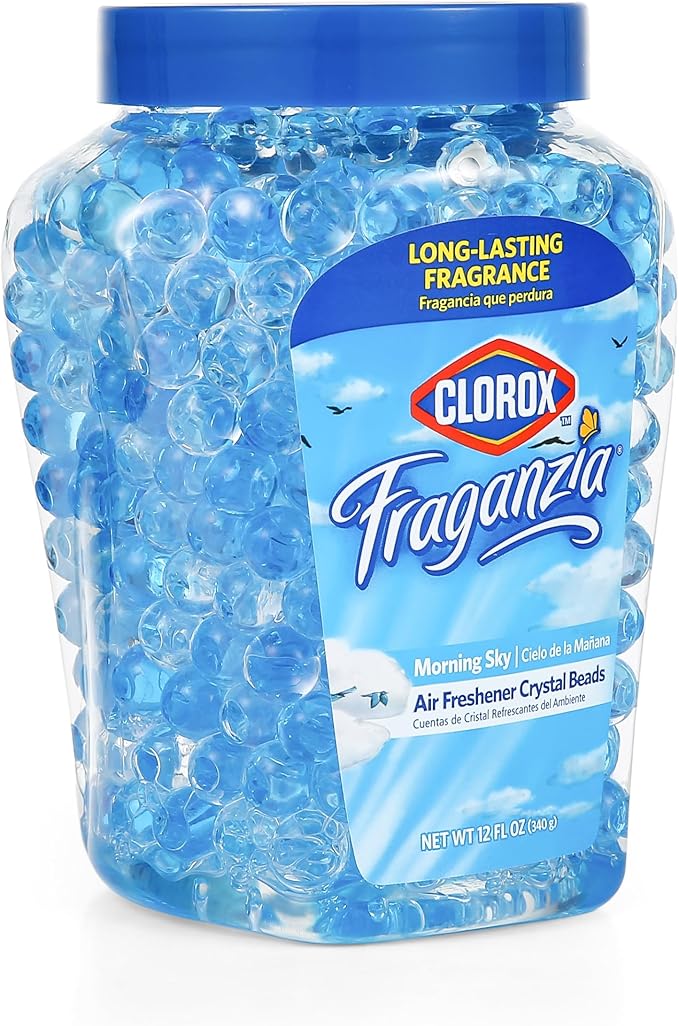 Clorox Fraganzia Crystal Beads Air Freshener, Long Lasting Room Deodorizer and Odor Eliminator Gel Beads to Freshen Home, Car, or Office, Morning Sky Scent, 12 Fl Oz - 12 Pack