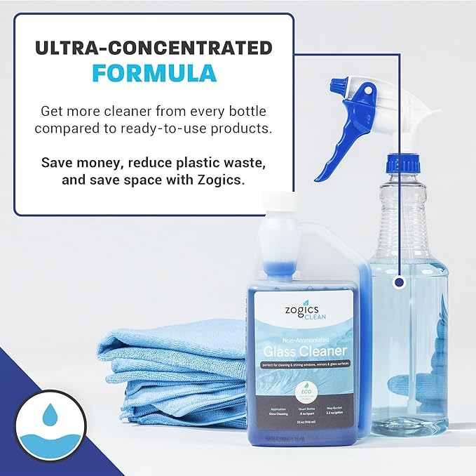 Zogics Non-Ammoniated Glass Cleaner Concentrate - Case of 6-32 oz Bottles - Each Bottle Makes up to 10 Gallons - Meets ECOLOGO Standards