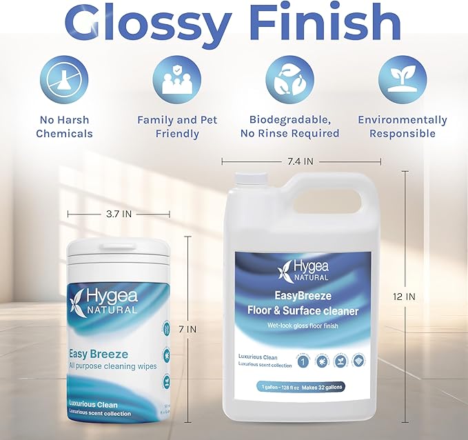 Hygea Natural EasyBreeze Ultimate Cleaning Bundle - PH Neutral Floor & Hard Surface Cleaner with All-Purpose Wipes - Luxurious Clean Scented (1 Gallon Floor Cleaner, 50 ct. Wipes)