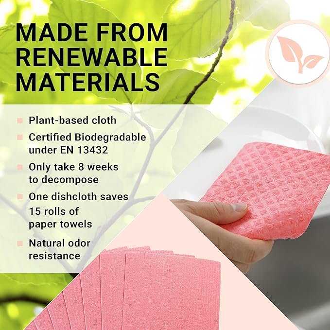 Swedish Wholesale Dishcloths Reusable 8" x 7" Sponge Cloths, Bulk 10 Pack of High Absorbent Cellulose Dish & Kitchen Cleaning Hand Towels, Wring to Dry & Machine Wash, Odor Resistant, Lime