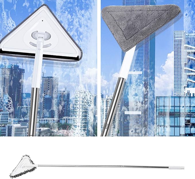 Multi Functional Window Cleaner with Detachable Rod, Glass Wiper and Floor Cleaner, 360 Degree Rotatable Triangular for Ceiling Wall Glass, Includes 3 Stainless