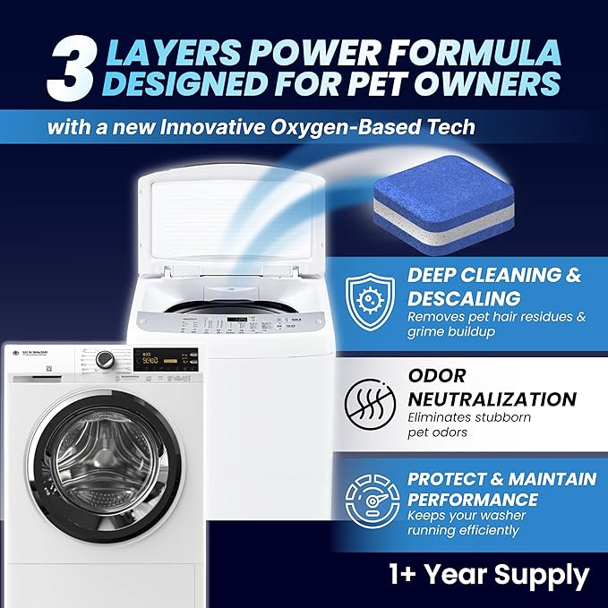 Washing Machine Cleaner Tablets for Pet Owners - Front & Top Load Washer Deep Cleaning - Septic Tank Safe - HE Support - Remove Stubborn Pet Hair - Eliminates Pet Smells - Prevents Pet Dander Build-up