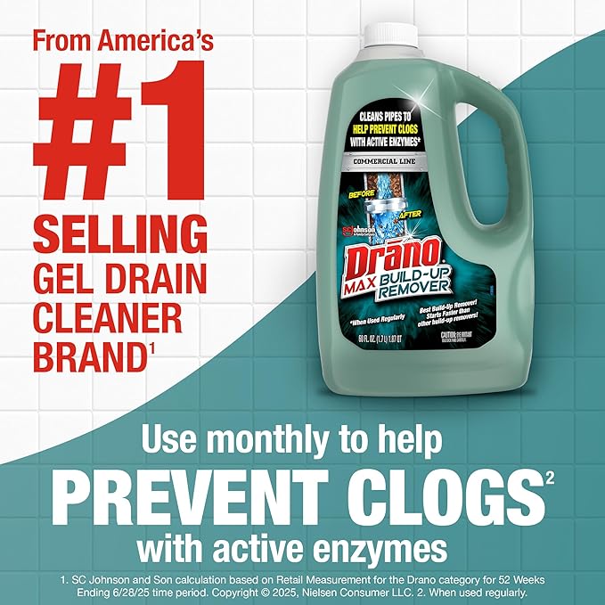 Drano Max Build Up Remover Drain Cleaner, Enzymes & Probiotics Prevents Clogs & Remove Odor-Causing Buildup, Safe for Septic, Toilets & Pipes in Bathroom Drains & Kitchen Sinks, Commercial Line, 60 oz