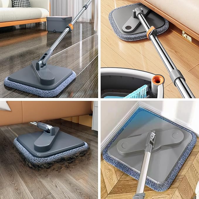Spin Mop and Bucket Set with Self Separation Dirty and Clean Water System, Self Wringing 360° Rotating Square Mop-Head for Hardwood Tile Marble Floors(Mop Set and 1 Pads)