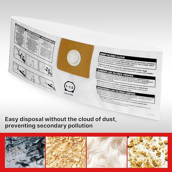 Shop-Vac 9066733 Disposable Filter Bags, Fits 1-1.5 Gallon Tanks, Dry Pick Up Only, White, (3-Pack)