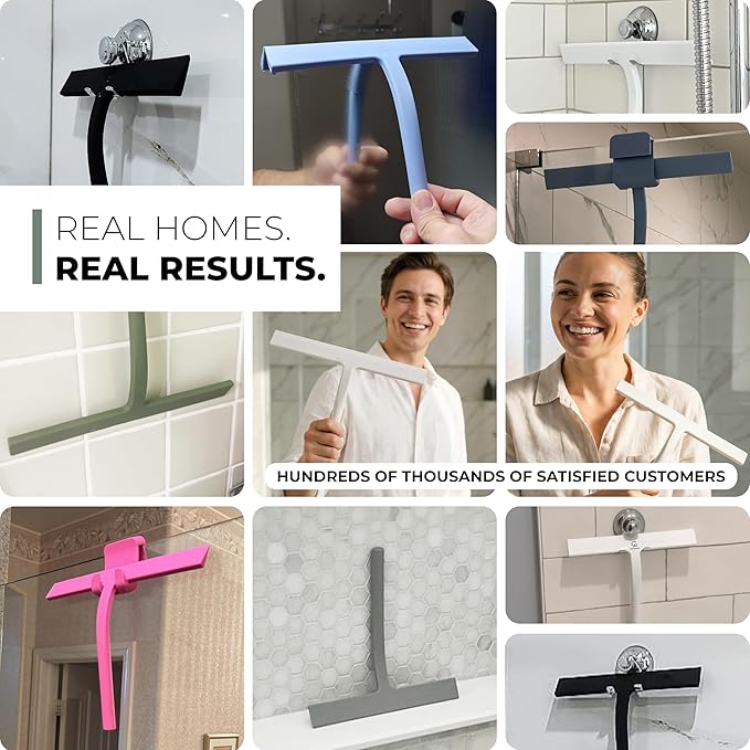 GÜTEWERK Silicone Shower Squeegee for Glass Doors & Mirrors with Stainless Steel Core, Streak-Free & No-Squeak Window Cleaning, 3-in-1 No-Drill Mount (Hook/Suction/Adhesive),White, 13 Inches