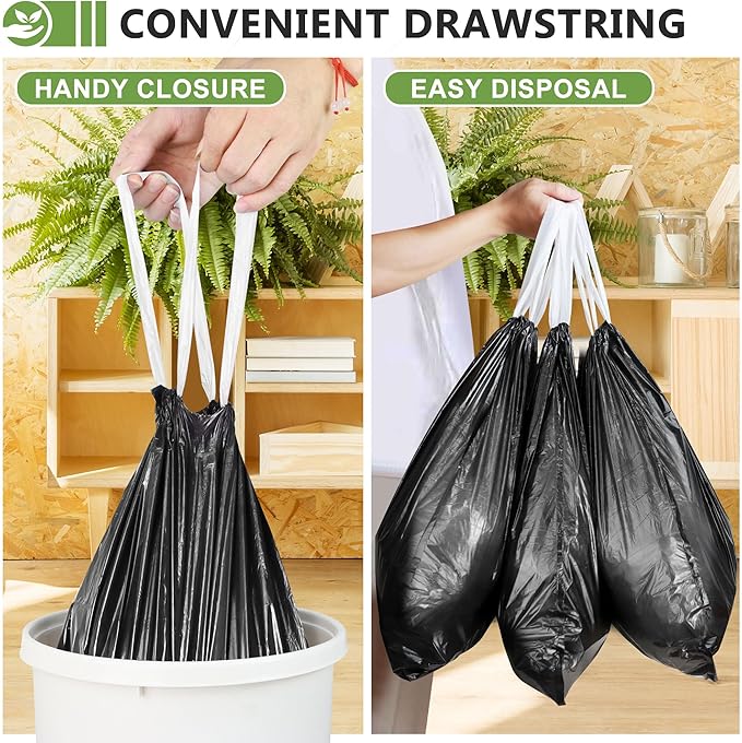132 Count-Small Trash Bags, 4 Gallon Trash Bag Drawstring,Bathroom Garbage Bags，Tear-Free Garbage Bags ，Plastic Wastebasket Liners for Toilet Home Office and Bedroom(Black)