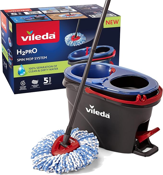 Vileda H2PrO Spin Mop System - Separates Clean and Dirty Water - Effortless Wringing - Microfibre Cleaning - Easy Assembly - Ergonomic Design