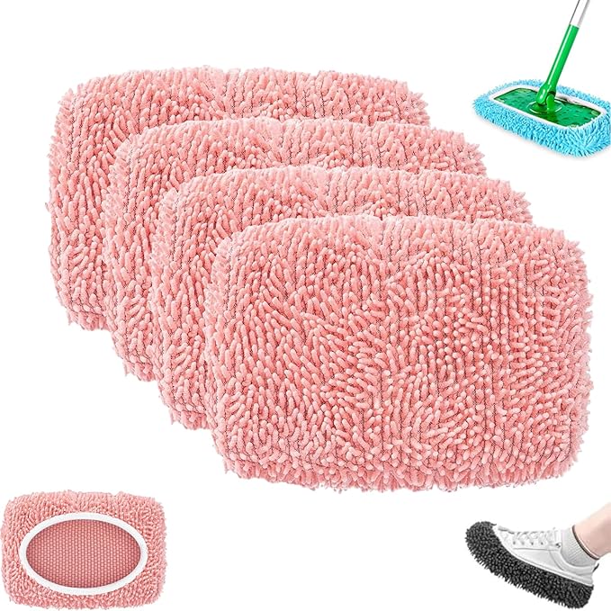 Reusable Mop Pads - Reusable Microfiber Mop Pads, Washable ChenilleMop Refill Pad for Home Use, Replacement Mops Heads for Floor Cleaning (Pink,4pcs)