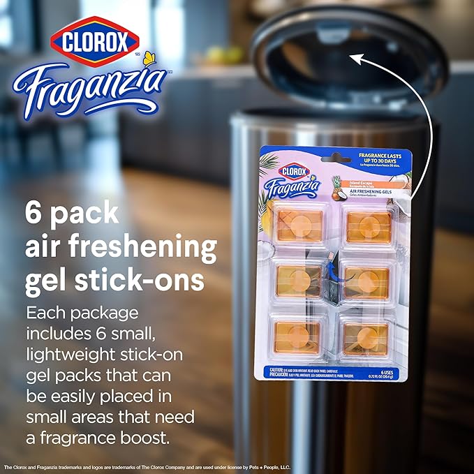 Clorox Fraganzia Stick-On Gel Fresheners, Island Escape Trash Can Deodorizer Up to 30 Days Scent, Odor Absorber for Kitchen, Bathroom, Closet, No Plug or Batteries, 0.12 Fl Oz, 6 Count